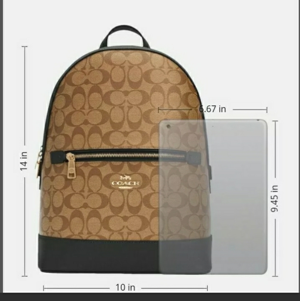 COACH BACKPACK SIGNATURE CANVAS TAN BAG GOLD KHAKI BLACK - Picture 8 of 10